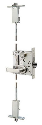 Photo of a multi-point mortise lock shown without the door; top and bottom frame connections