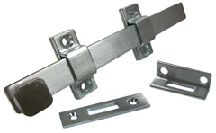 Photo of door hardware component; surface bolt with receiver plates